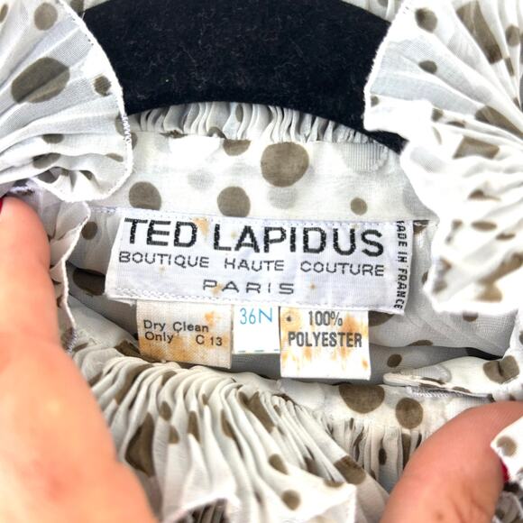 Vintage Ted Lapidus Paris Haute Couture Polka Dot Sheer Ruffle Pleated Blouse 36 - Picture 3 of 8